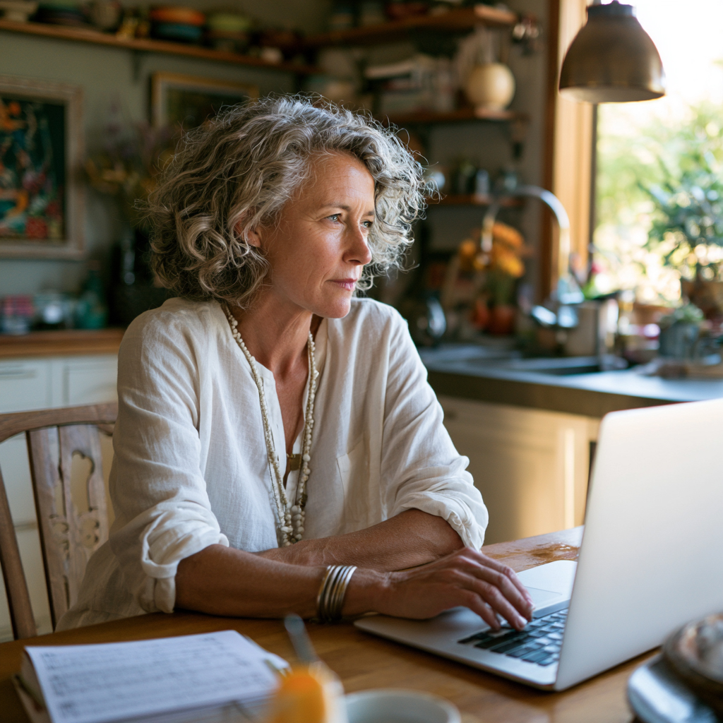 Woman doing anger management on laptop in living room